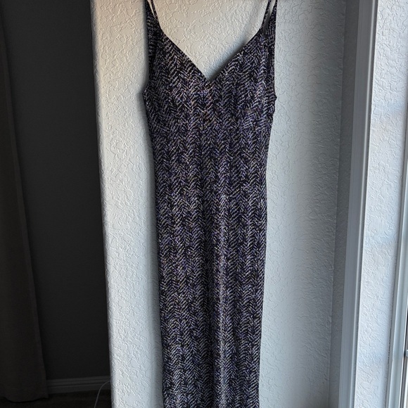 Vintage Windsor Black and Silver Stretchy Patterned Knit Open Back Drape Dress L - Picture 9 of 16